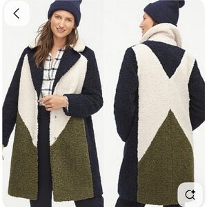 J.Crew Women’s Teddy Sherpa Colorblock Thick Coat Green Ivory Navy Blue XXS